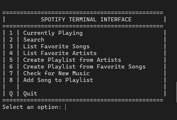 Spotify CLI terminal menu with options for search, favorites, playlists and new music